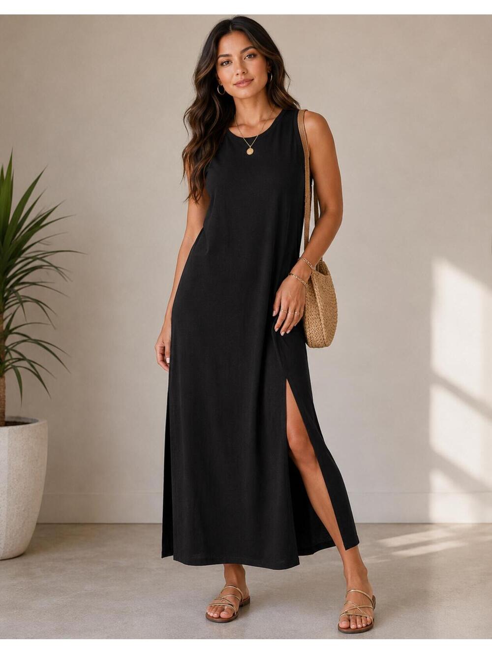 Athleta Black Sleeveless Maxi Dress with Side Slit under dress size medium
